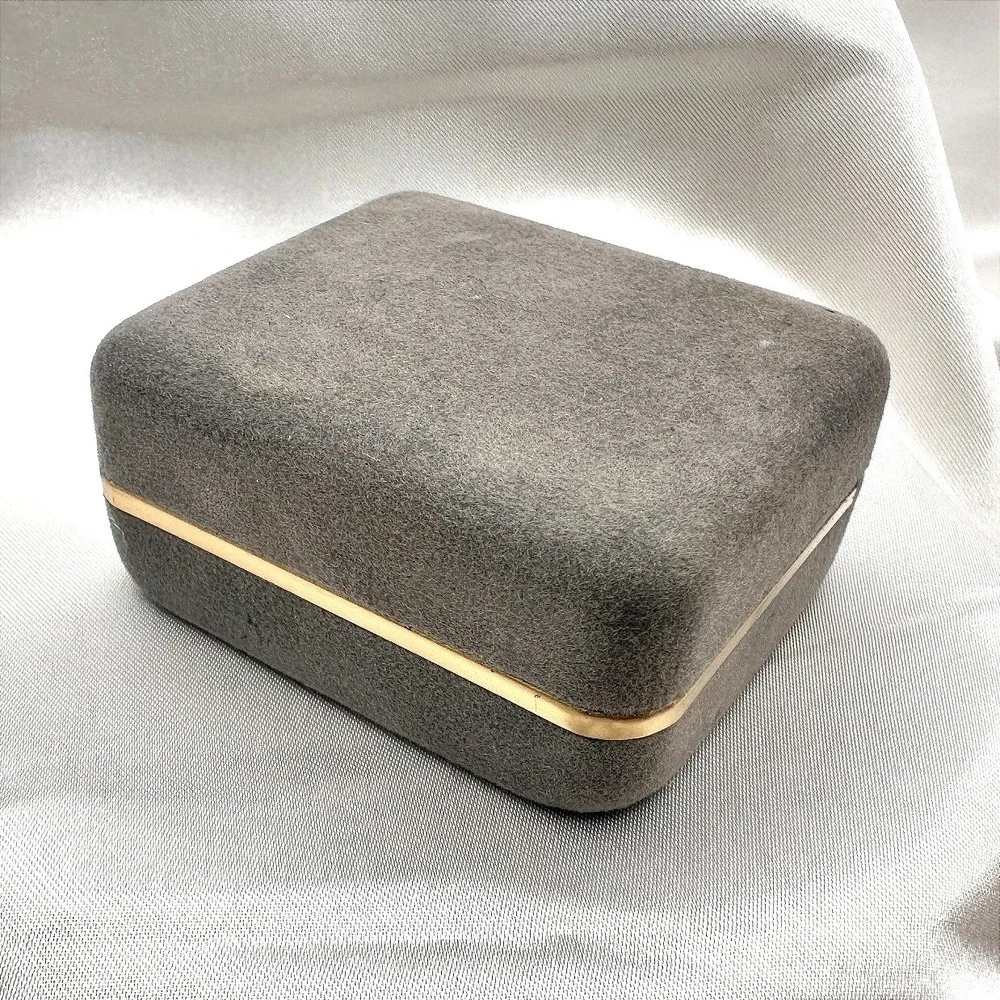 Vintage 90s Gray Velvet Box Gold Trim Hinged‎ Presentation Display Case Jewelry